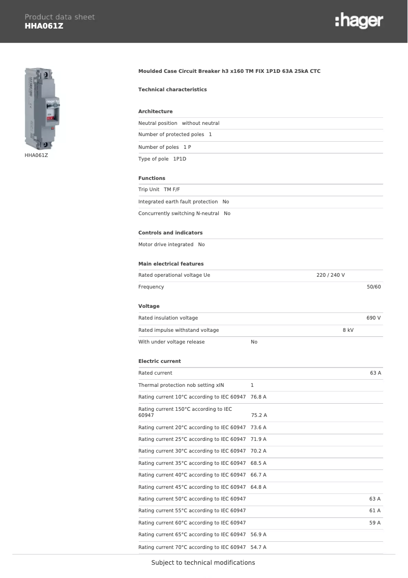 Página 1 del manual Ficha técnica Hager HHA061Z