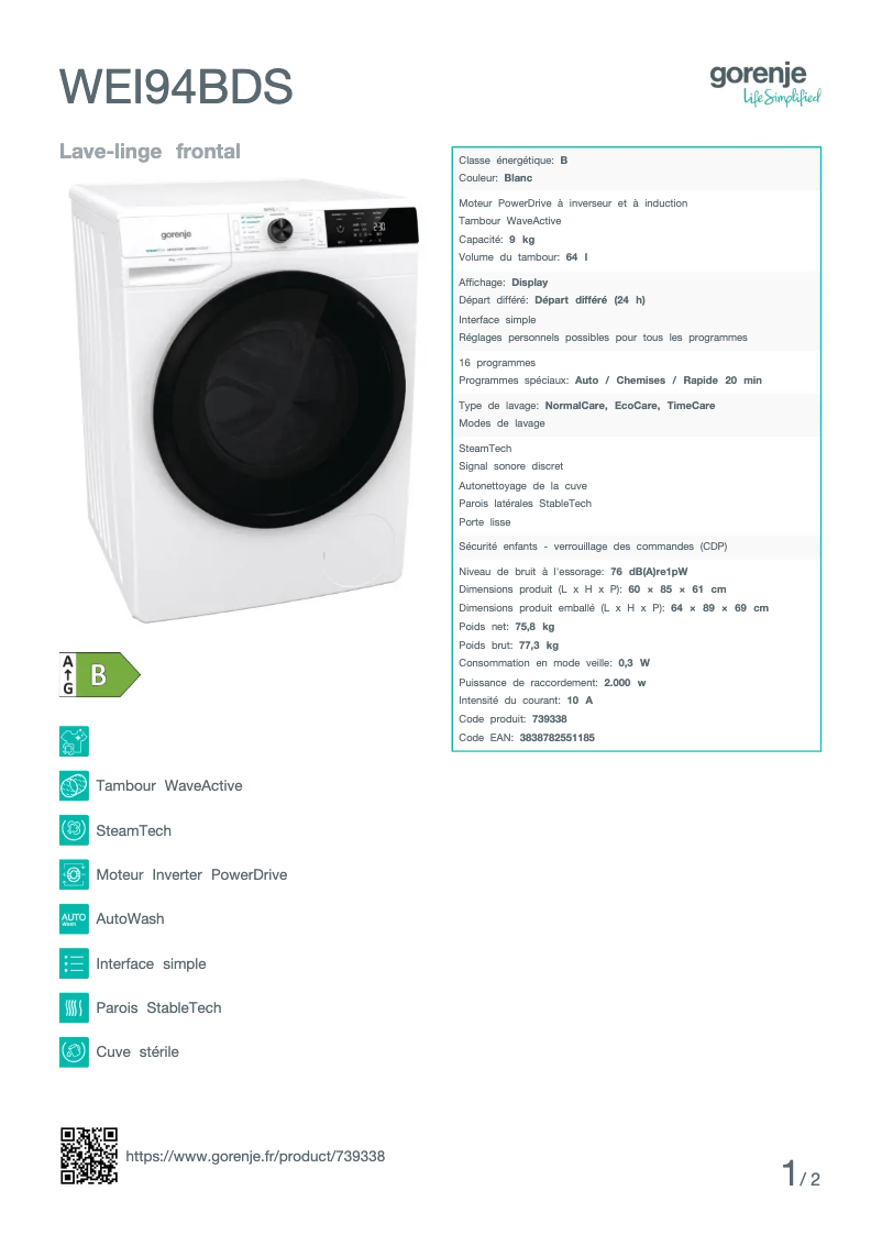 Página 1 del manual Ficha técnica Gorenje WEI94BDS