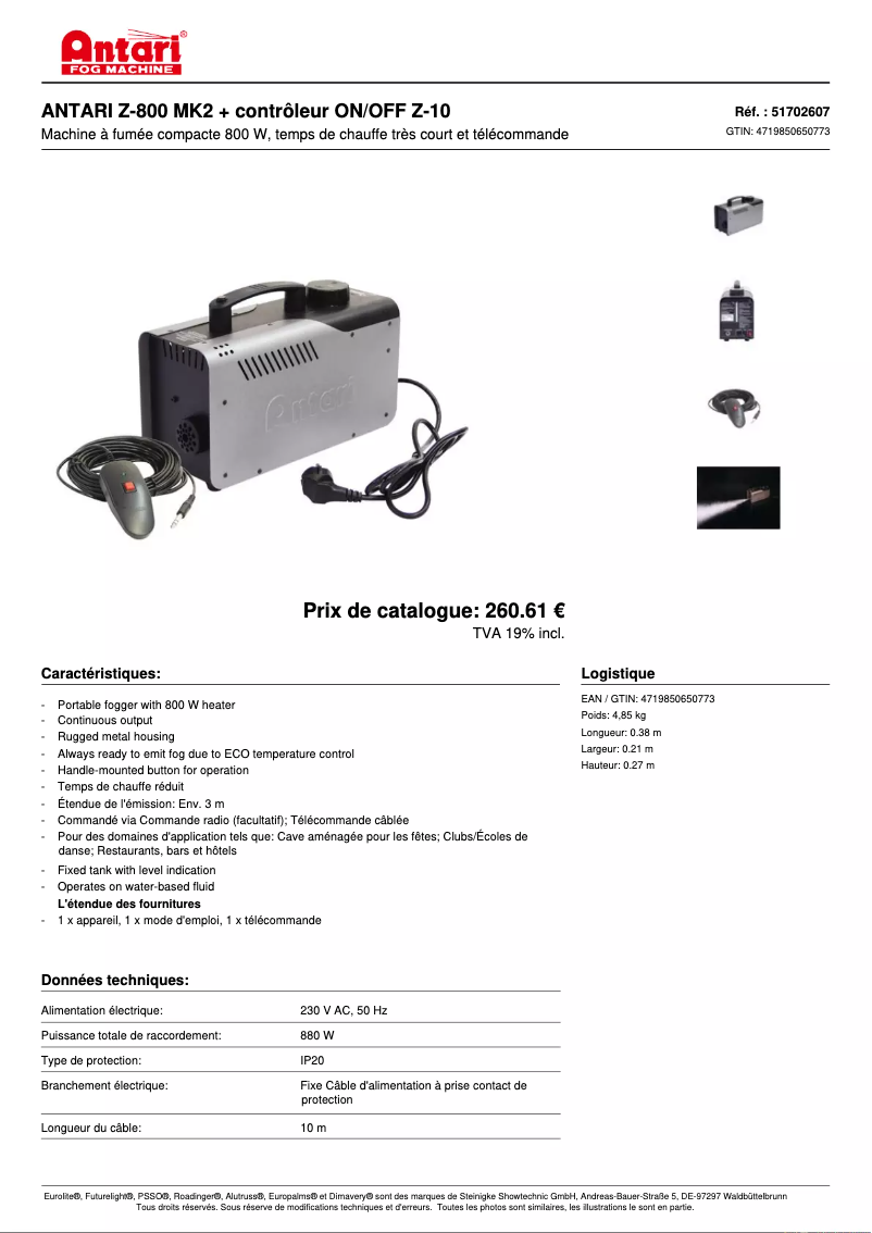 Página 1 del manual Ficha técnica Antari Z-800 MK2