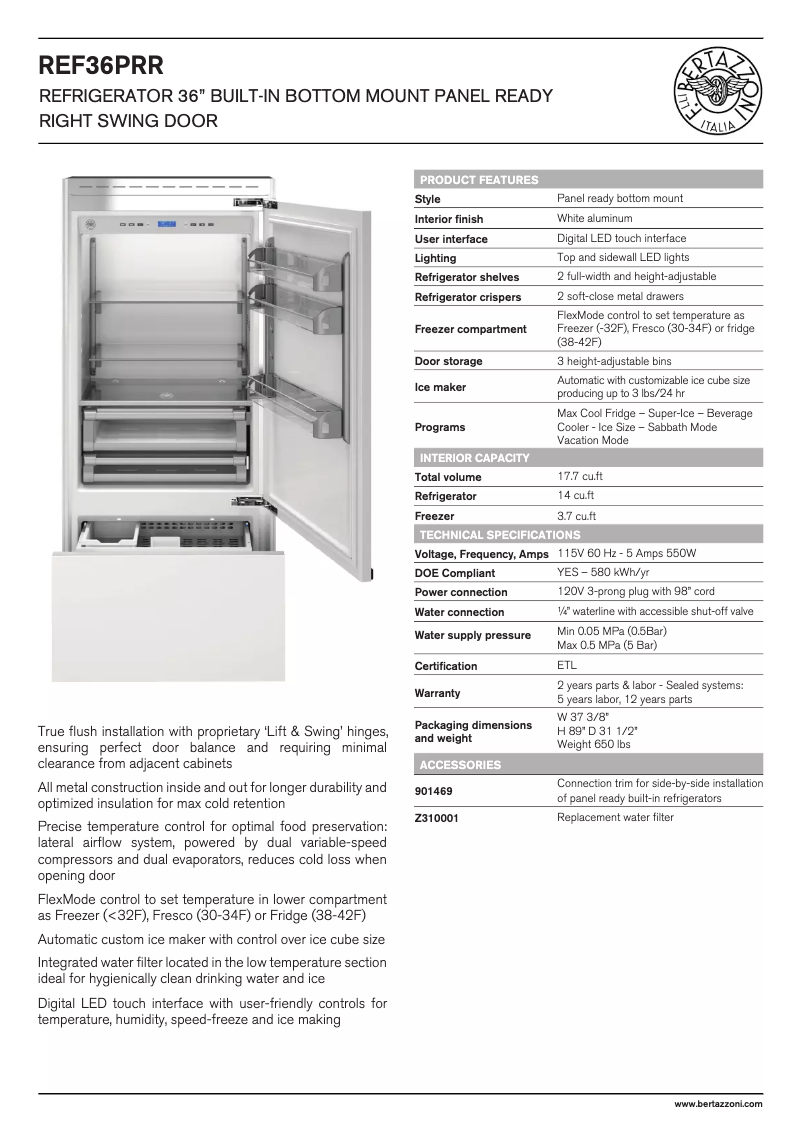 Página 1 del manual Ficha técnica Bertazzoni REF36R