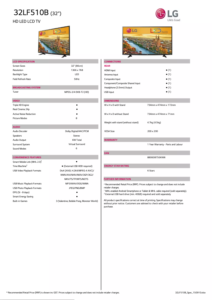 Página nº 1 - Ficha técnica LG 32LF510B