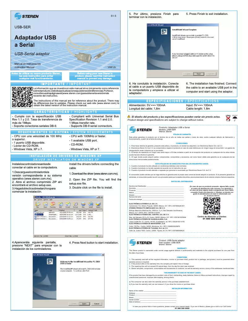 Imagen de la primera página del manual del dispositivo USB-SER