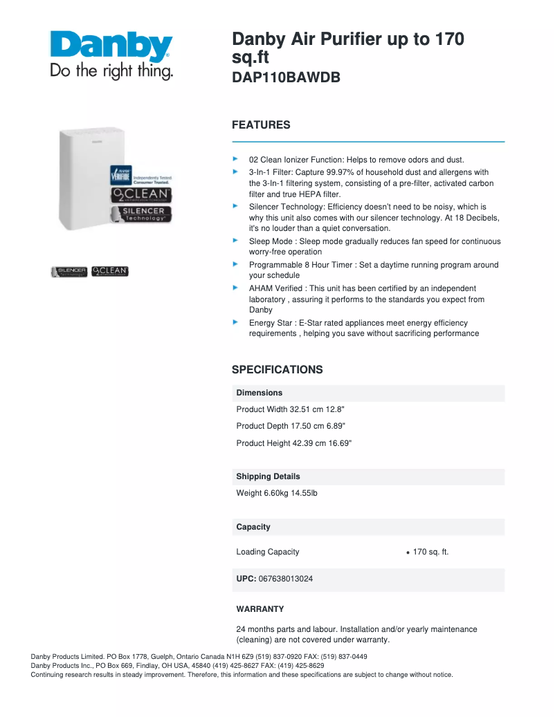 Página nº 1 - Ficha técnica Danby DAP110BAWDB