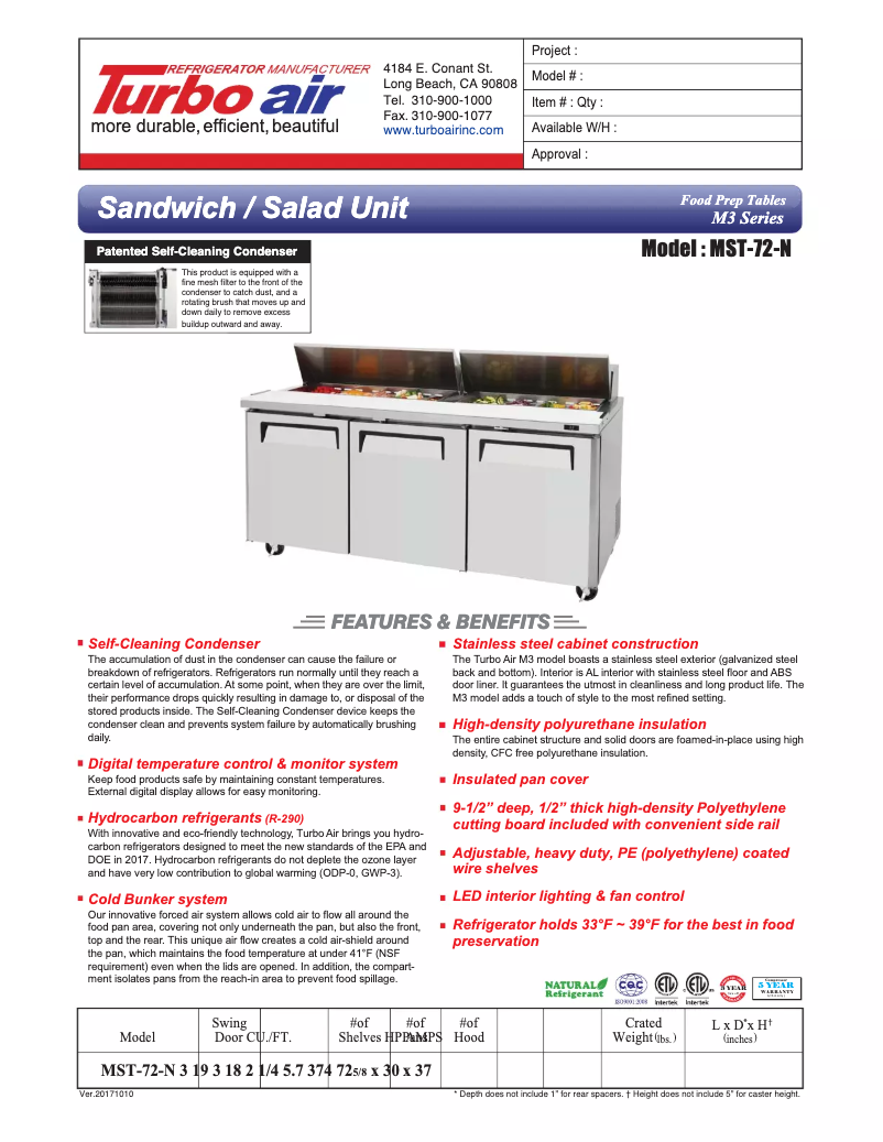 Página 1 del manual Ficha técnica Turbo air MST-72