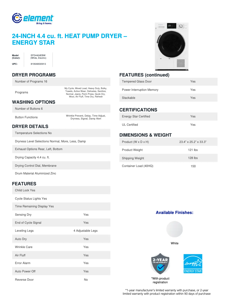 Página 1 del manual Ficha técnica Element EFD4424EBW