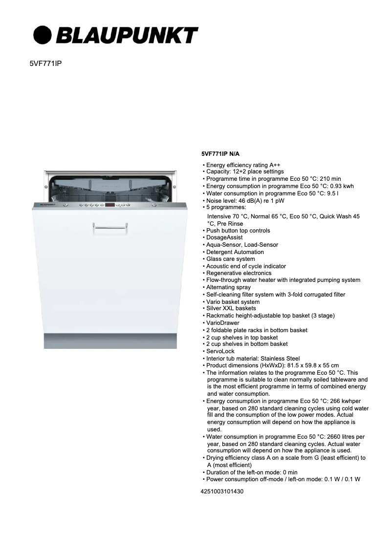 Página 1 del manual Ficha técnica Blaupunkt 5VF771IP