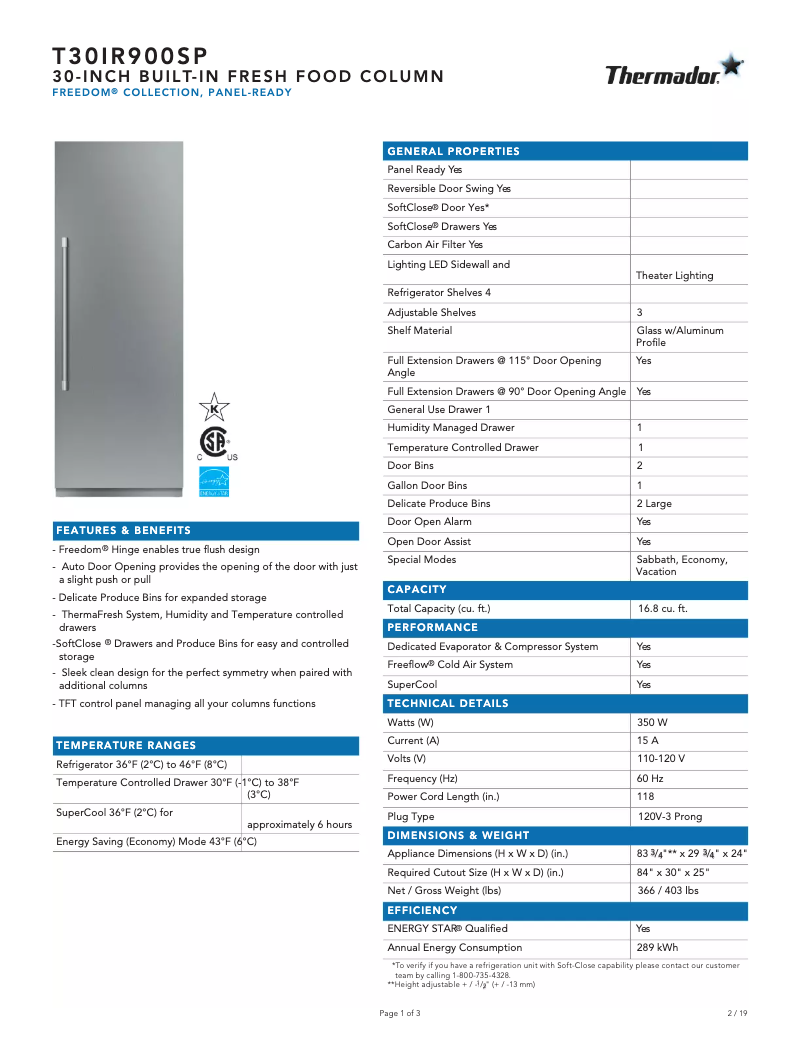 Página 1 del manual Ficha técnica Thermador T30IR900SP
