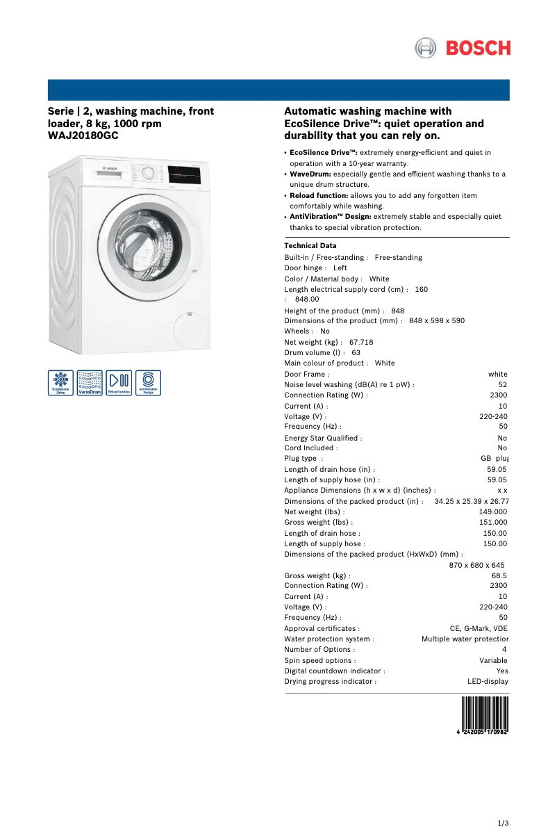 Página nº 1 - Ficha técnica Bosch WAJ20180GC