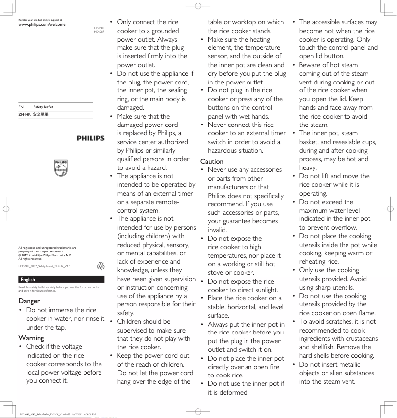 Imagen de la primera página del manual del dispositivo Avance Collection HD3087