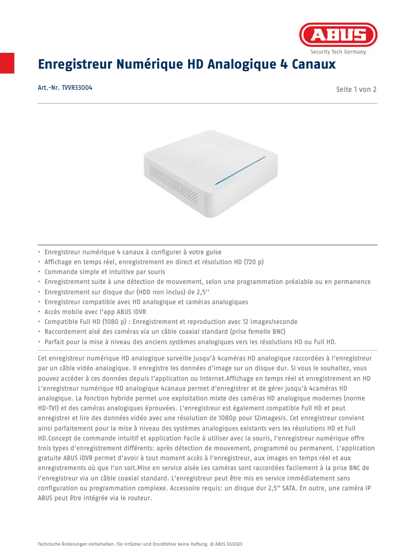 Página 1 del manual Ficha técnica Abus TVVR33004