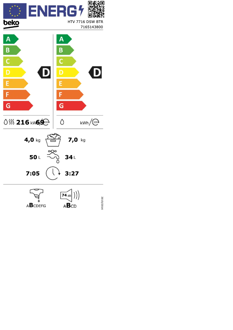 Página 1 del manual Etiqueta energética Beko HTV 7716 DSW BTR