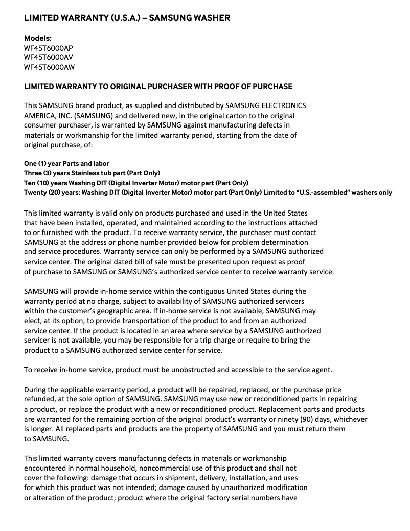 Página 1 del manual Información de garantía Samsung WF45T6000AV