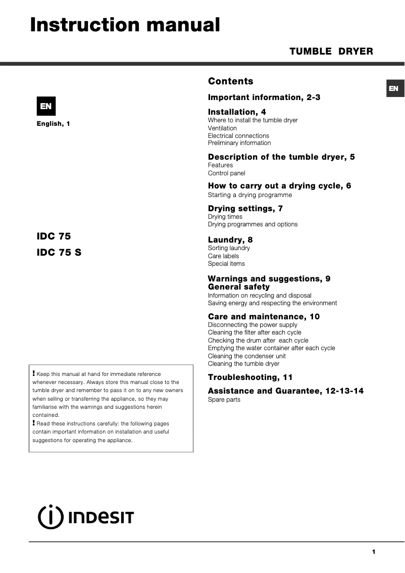 Imagen de la primera página del manual del dispositivo IDC 75 S (UK)