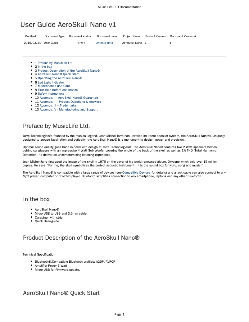 Imagen de la primera página del manual del dispositivo AeroSkull Nano