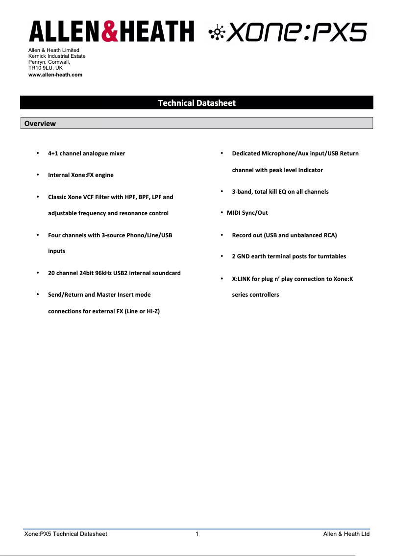 Página 1 del manual Ficha técnica Allen & Heath Xone:PX5