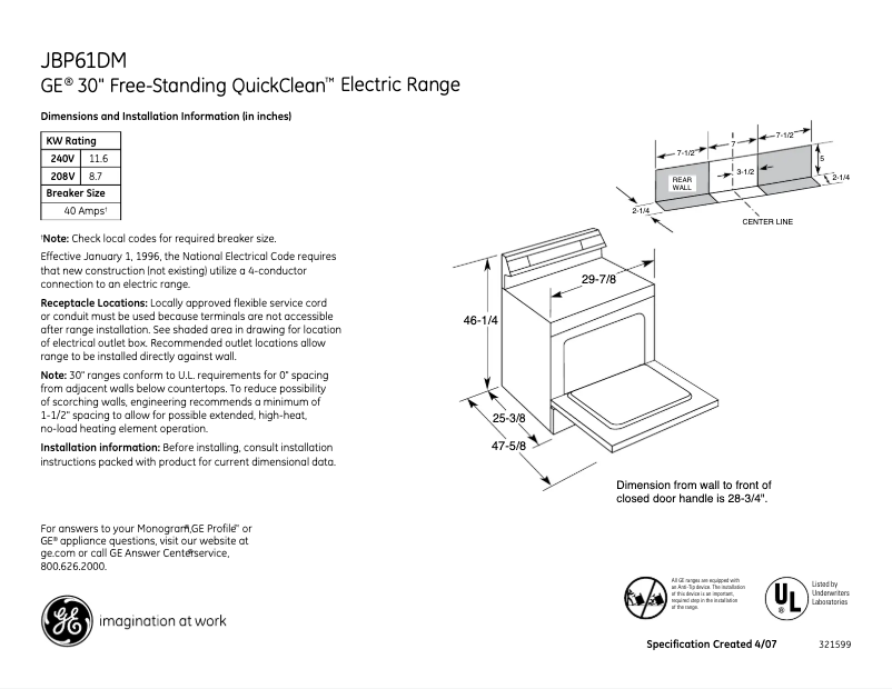 Página 1 del manual Ficha técnica GE JBP61DMWW
