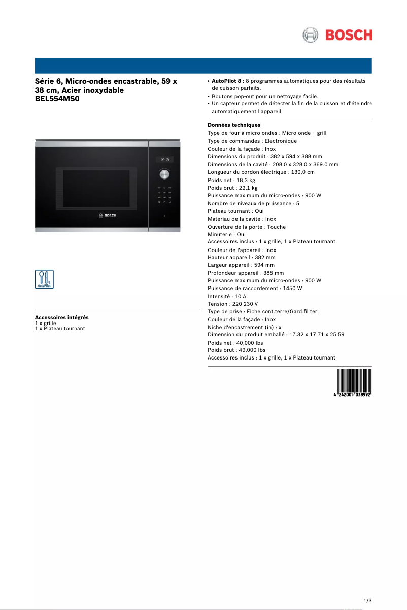 Página 1 del manual Ficha técnica Bosch BEL554MS0
