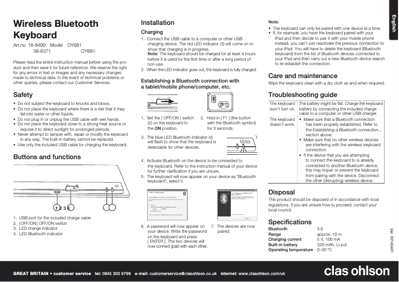 Página 1 del manual Manual de usuario Clas Ohlson OY681
