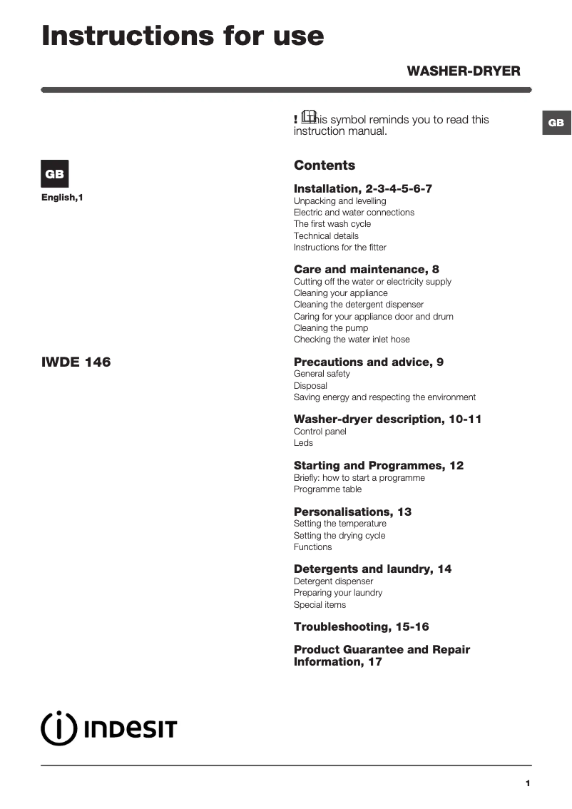 Imagen de la primera página del manual del dispositivo IWDE 146 UK