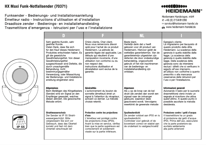 Imagen de la primera página del manual del dispositivo HX Maxi Funk-Notfallsender 70371