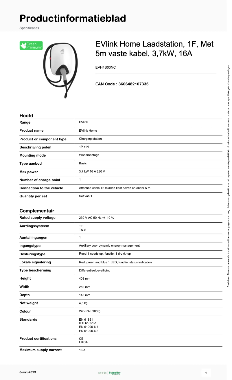 Página 1 del manual Ficha técnica Schneider EVH4S03NC