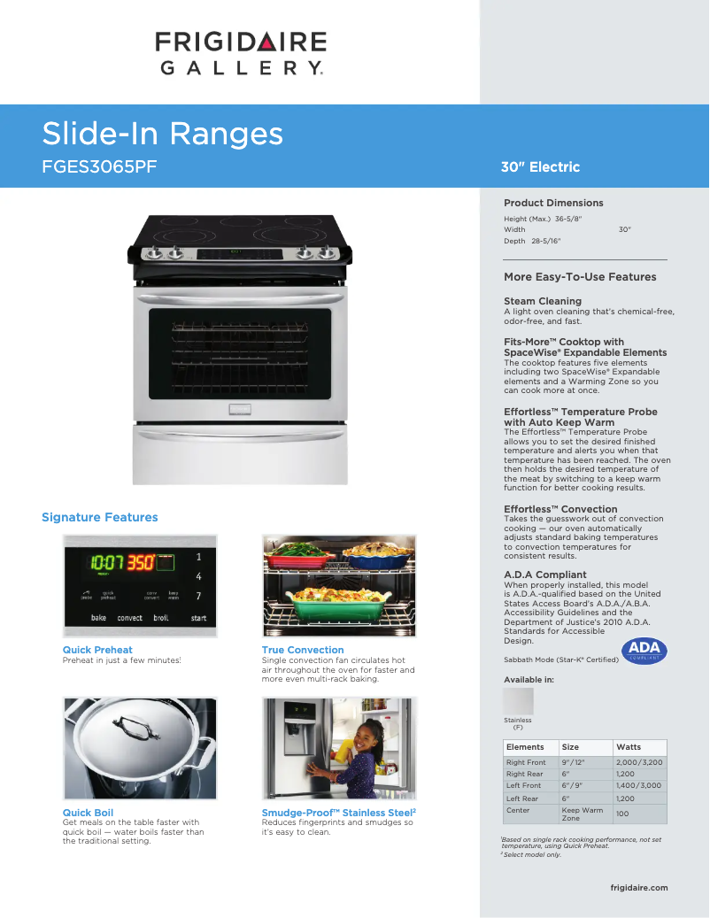 Página 1 del manual Ficha técnica Frigidaire FGES3065PF