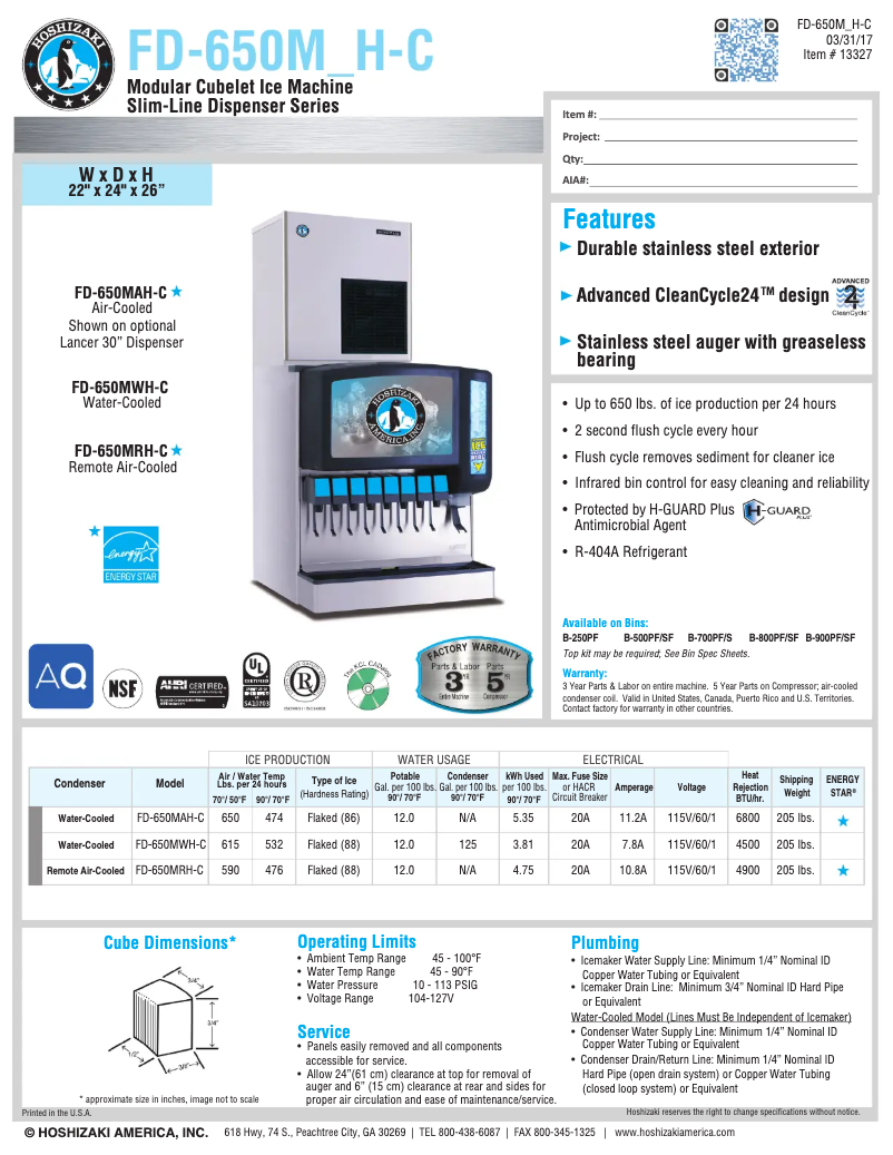 Página 1 del manual Ficha técnica Hoshizaki FD-650MWH-C