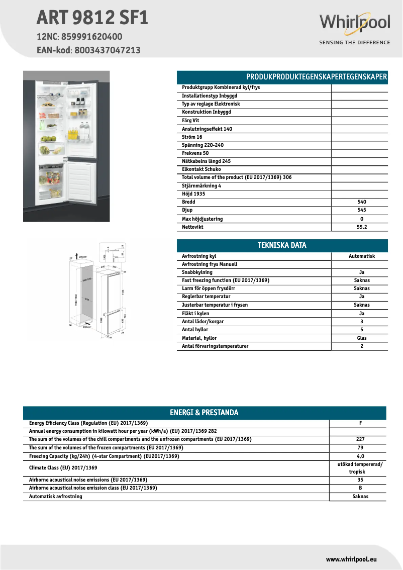 Página 1 del manual Ficha técnica Whirlpool ART 9812 SF1