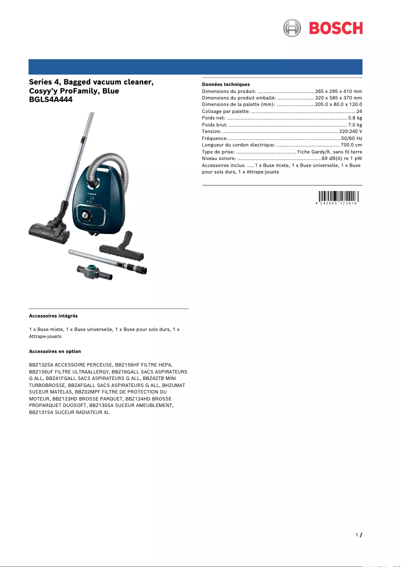 Página 1 del manual Ficha técnica Bosch BGLS4A444