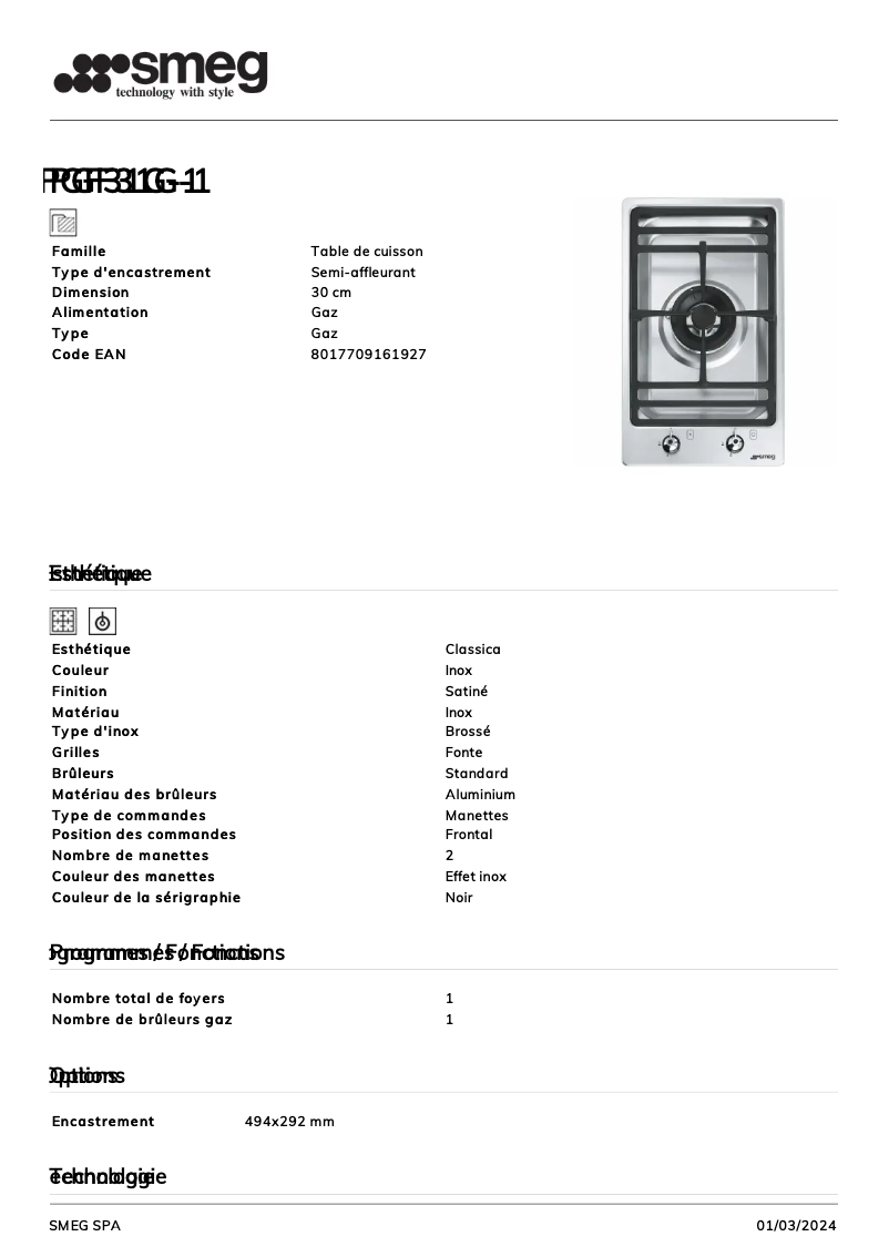 Página 1 del manual Ficha técnica Smeg PGF31G-1