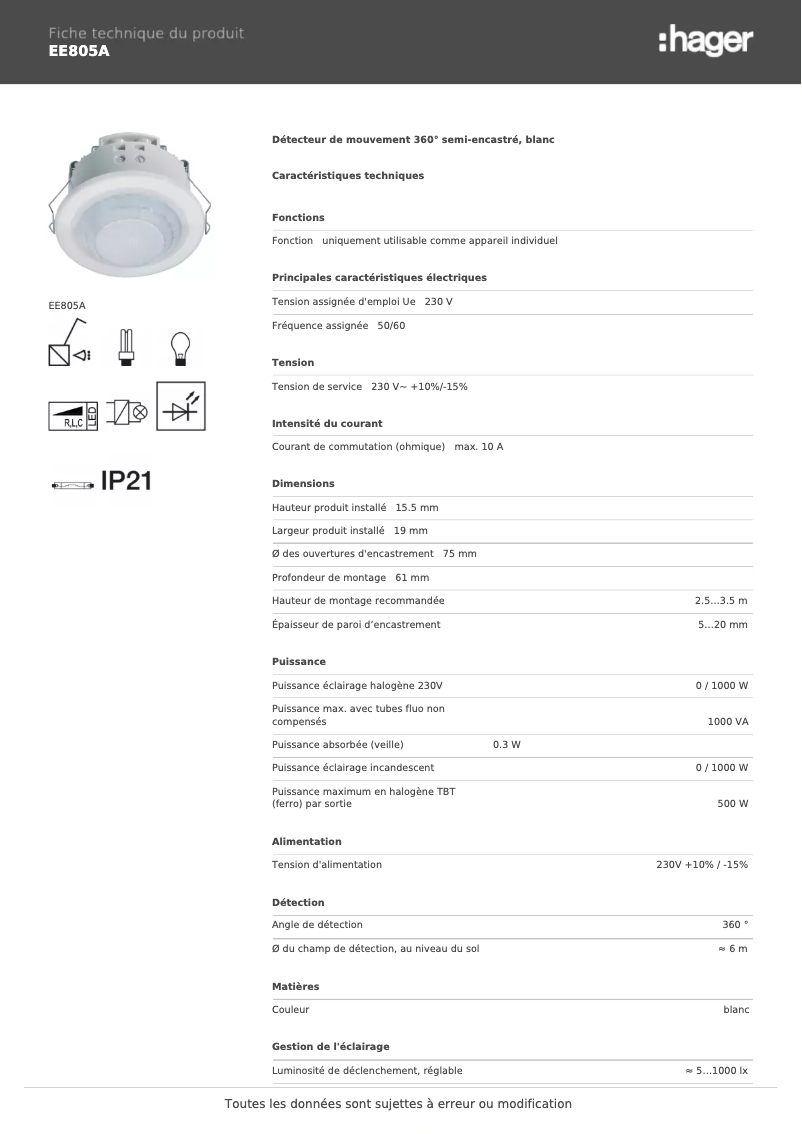 Página 1 del manual Ficha técnica Hager EE805A