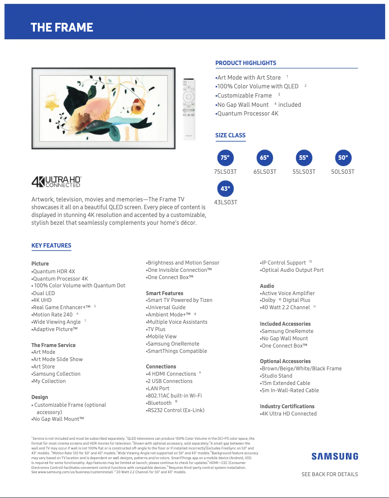 Página 1 del manual Ficha técnica Samsung QN43LS03TAFXZA