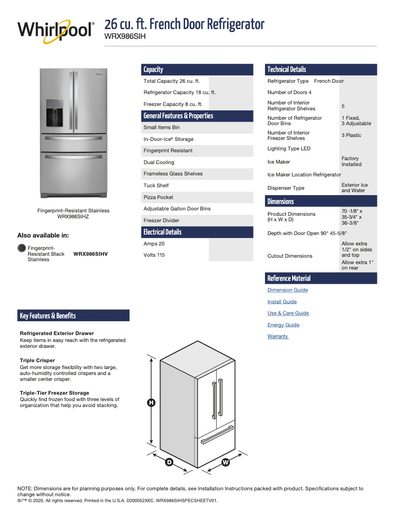 Página 1 del manual Ficha técnica Whirlpool WRX735SDHV