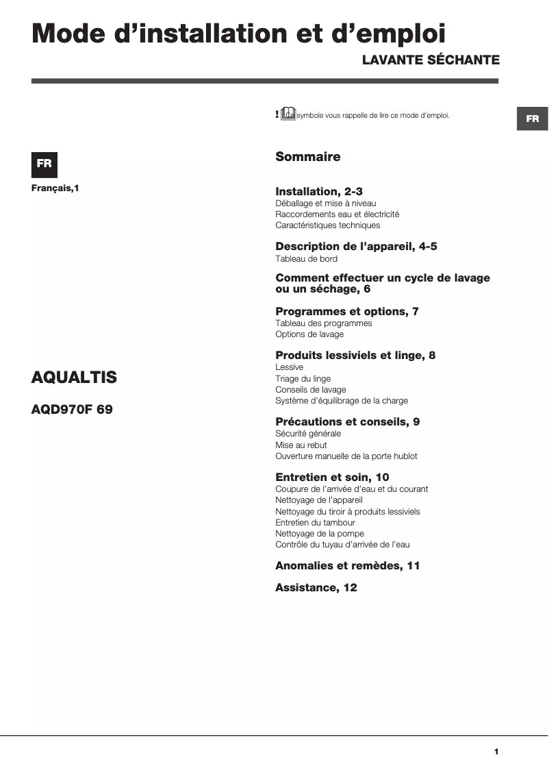 Imagen de la primera página del manual del dispositivo AQD970F 69 EU