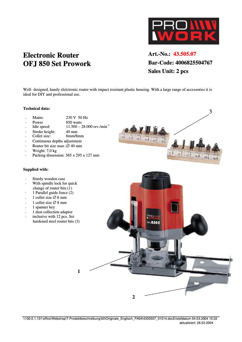 Página 1 del manual Ficha técnica Prowork OFJ 850E