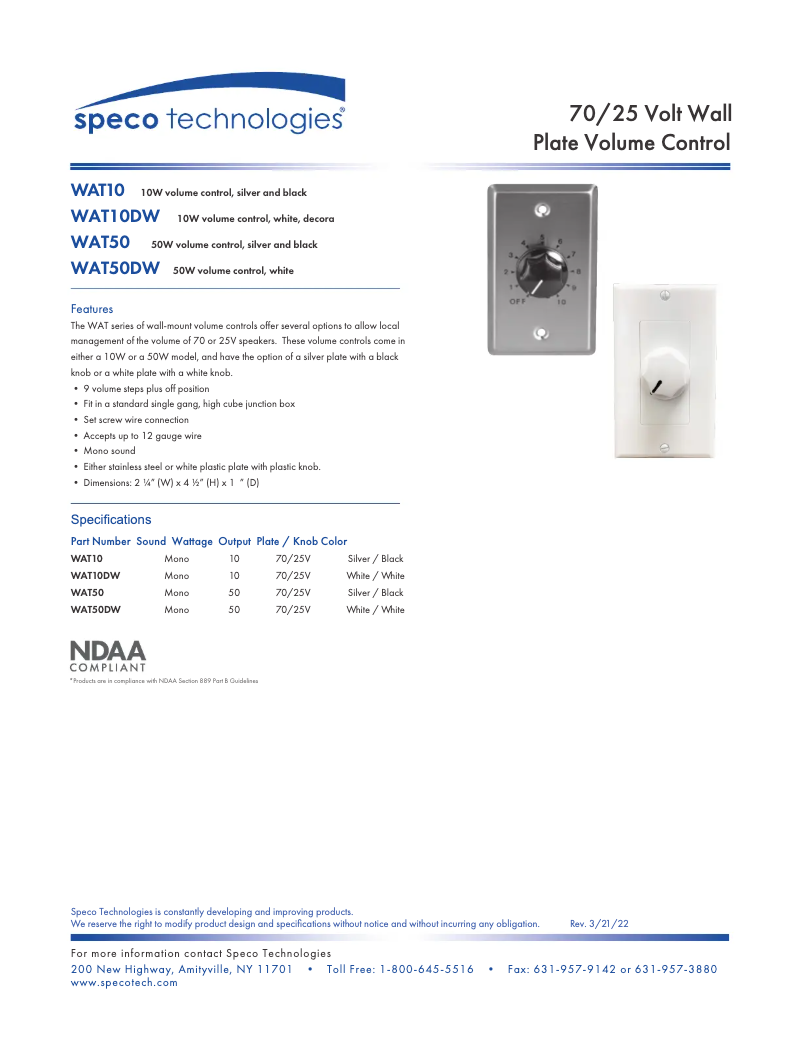 Página nº 1 - Ficha técnica Speco Technologies WAT50DW