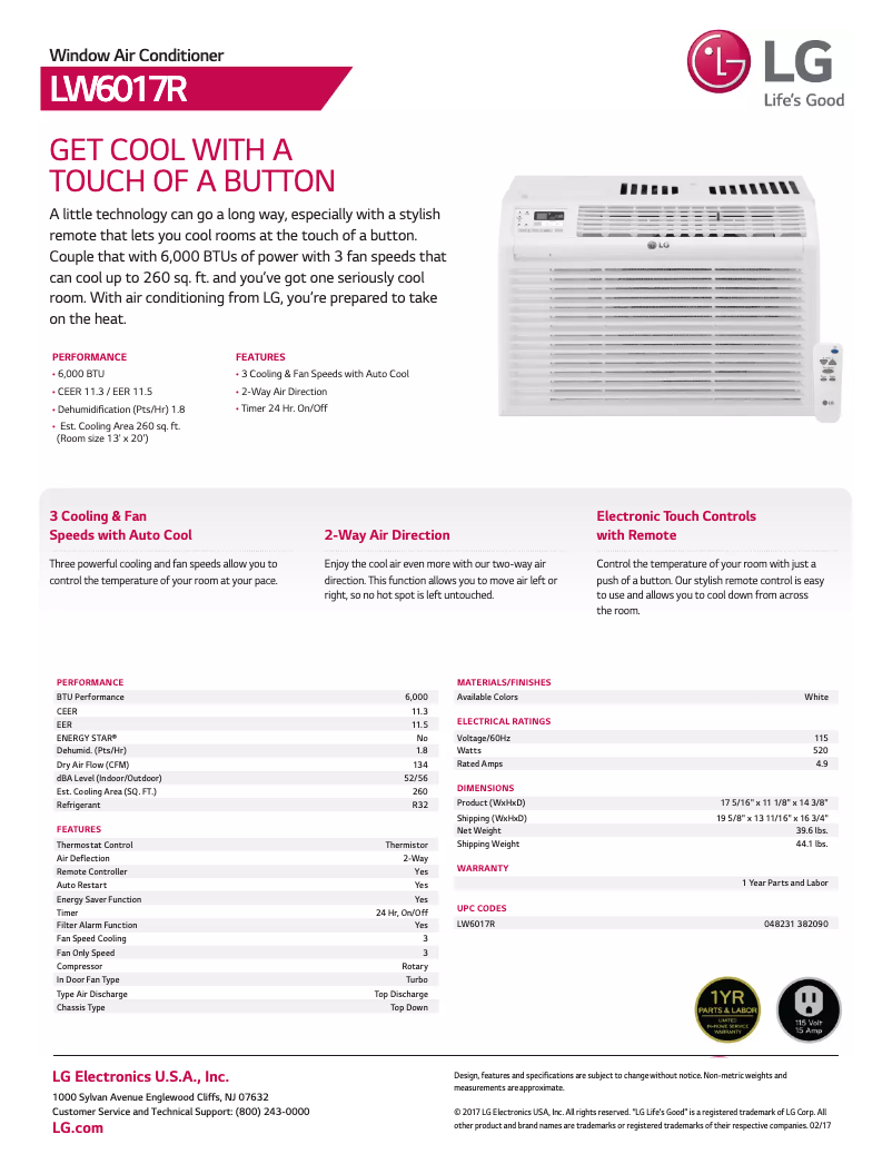 Página 1 del manual Ficha técnica LG LW6017R