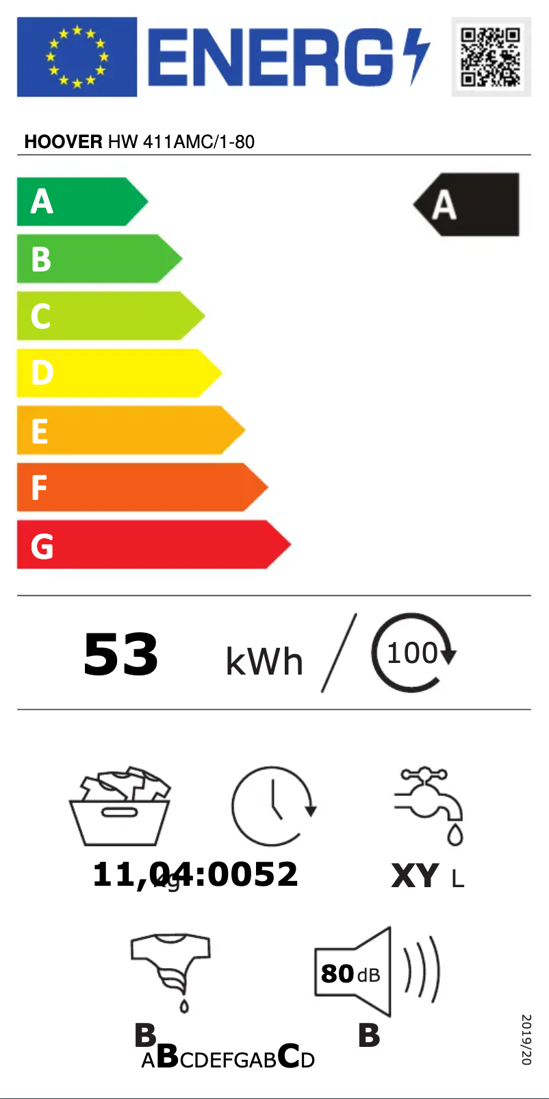 Página 1 del manual Etiqueta energética Hoover H-WASH 500 HW 411AMC/1-80