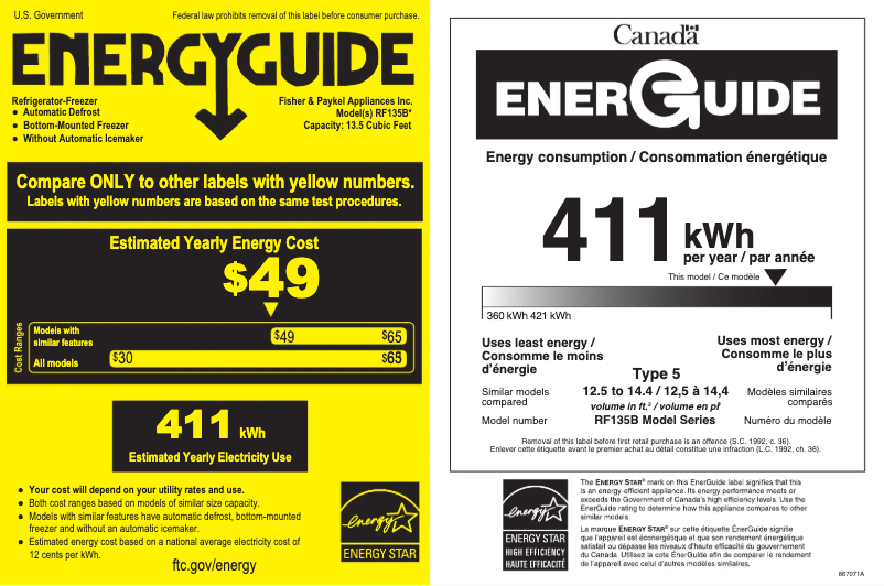 Página 1 del manual Etiqueta energética Fisher & Paykel RF135BRPJX6