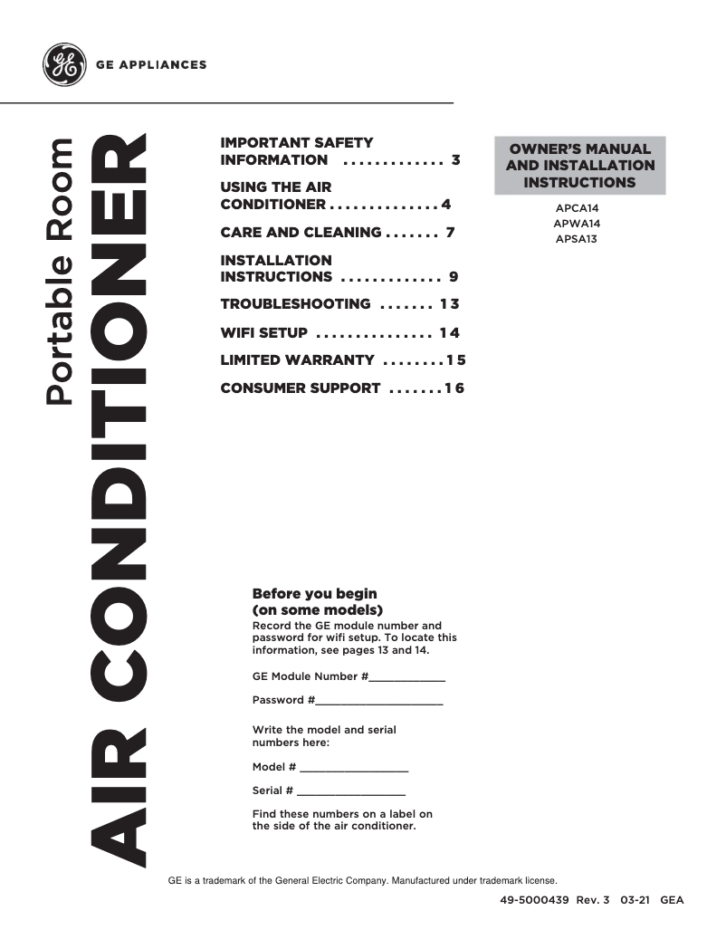 Página 1 del manual Manual de usuario GE APCA14YZBW