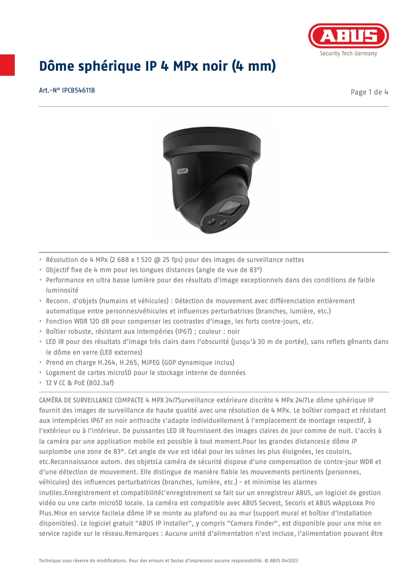 Página 1 del manual Ficha técnica Abus IPCB54611B