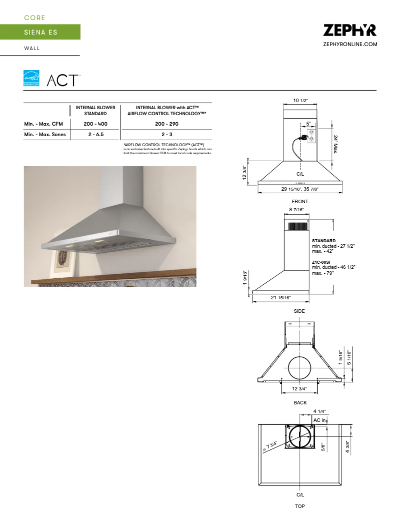 Página 1 del manual Ficha técnica Zephyr Siena ZSI-E36BS-ES