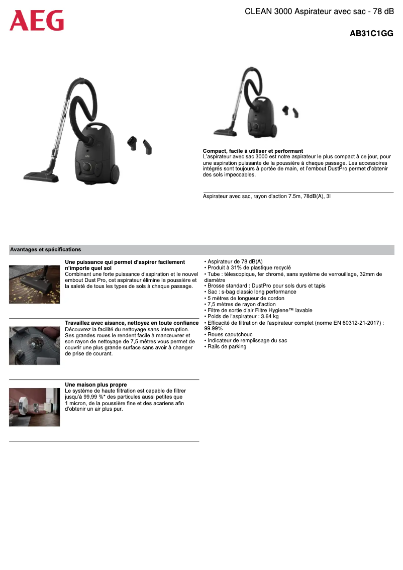 Página 1 del manual Ficha técnica AEG Clean 3000 AB31C1GG