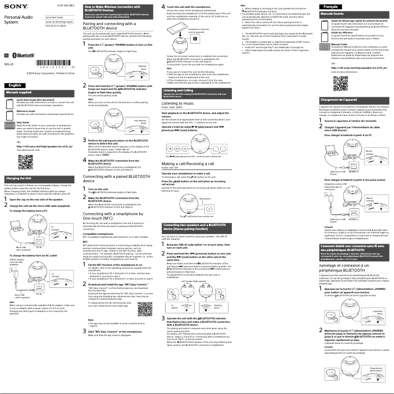 Imagen de la primera página del manual del dispositivo SRS-X1