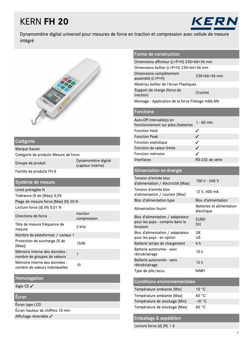 Página 1 del manual Ficha técnica Kern FH 20