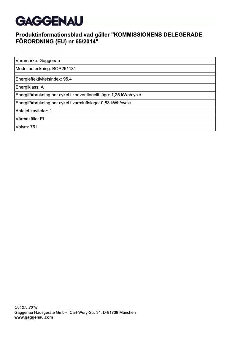 Página 1 del manual Ficha técnica Gaggenau BOP251131