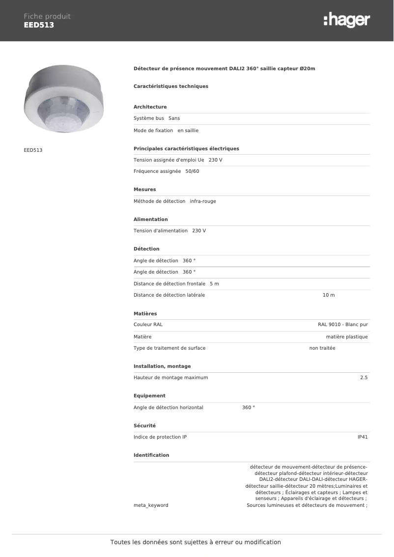 Página 1 del manual Ficha técnica Hager EED513