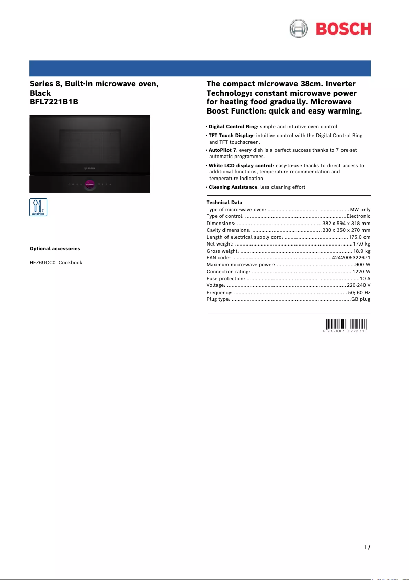 Página 1 del manual Ficha técnica Bosch BFL7221B1B