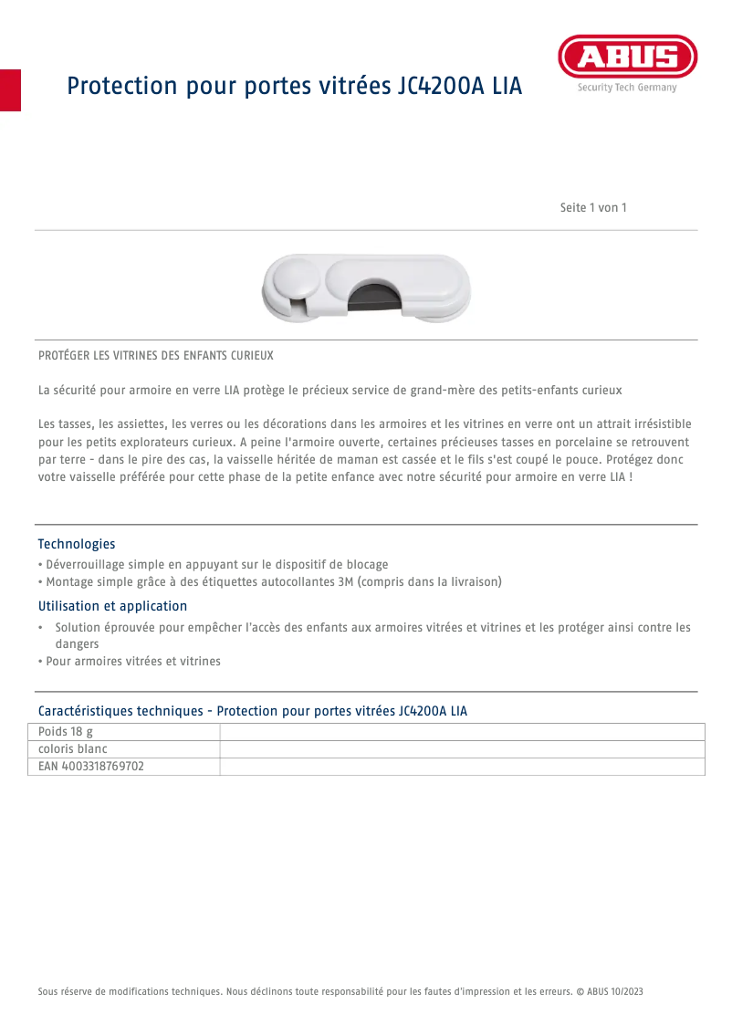 Página 1 del manual Ficha técnica Abus JC4200A LIA