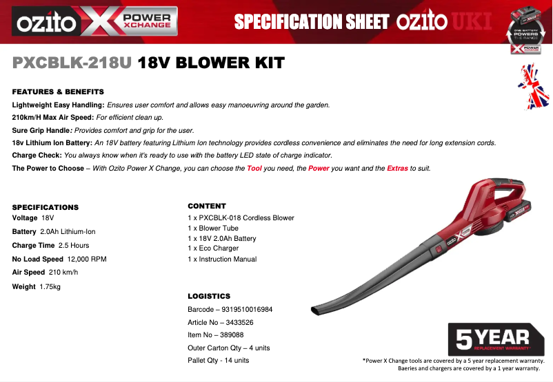 Página 1 del manual Ficha técnica Ozito PXCBLK-218U